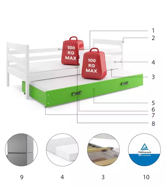 ERYK 80X190 youth folding bed with mattress and drawer, white/green - Image 5