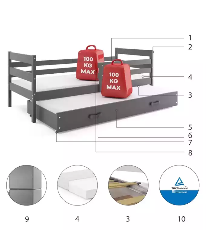 ERYK 80X190 youth folding bed with mattress and drawer, graphite color - Image 4