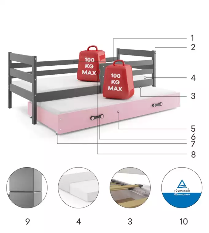 ERYK 80X190 youth folding bed with mattress and drawer, graphite/pink - Image 4