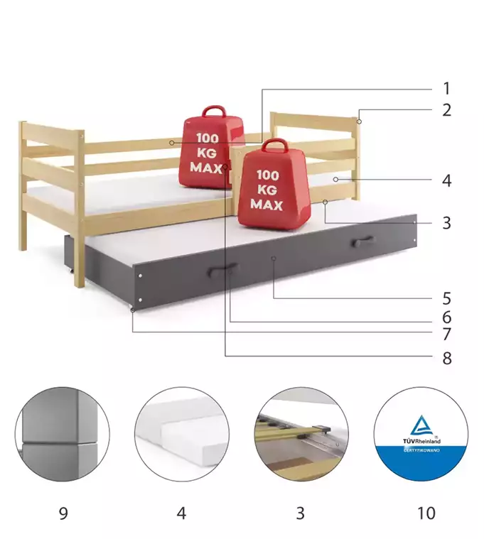 ERYK 80X190 youth folding bed with mattress and drawer, pine/graphite - Image 4