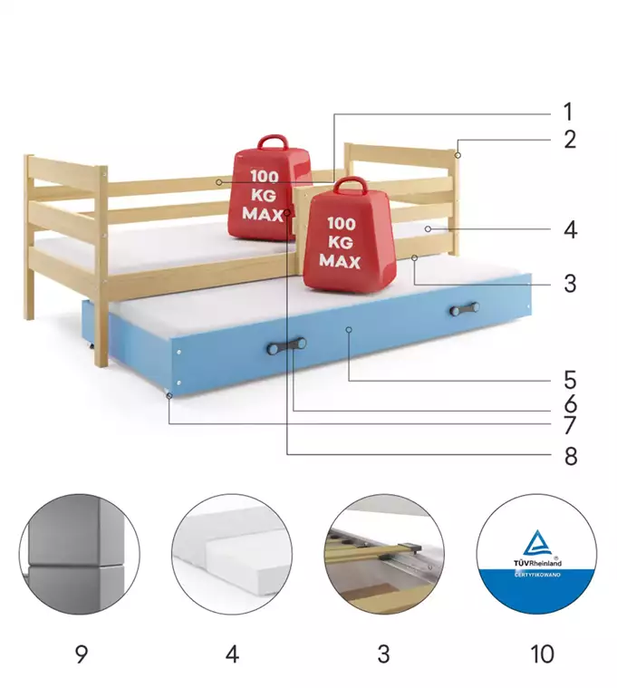 ERYK 80X190 youth folding bed with mattress and drawer, pine/blue - Image 5