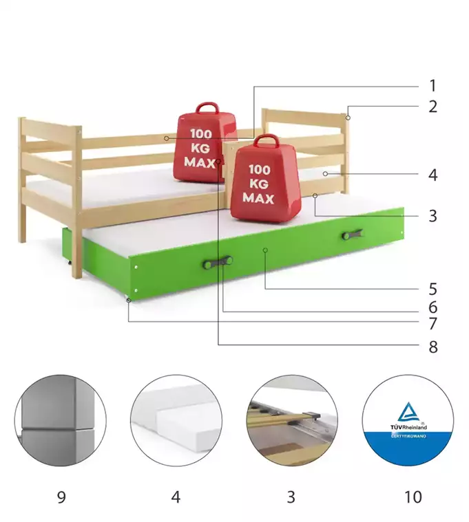 ERYK 80X190 youth folding bed with mattress and drawer, pine/green - Image 5