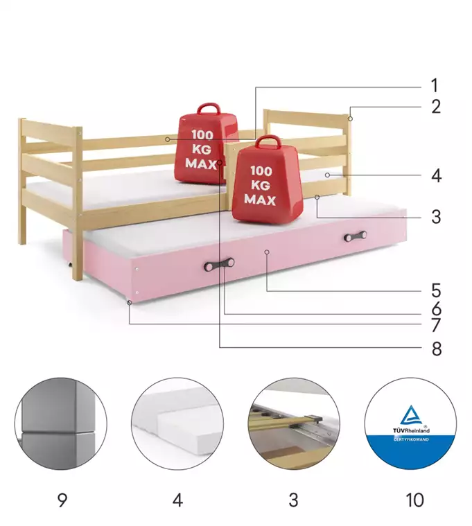 ERYK 80X190 youth pull-out bed with drawer, pine/pink - Image 6