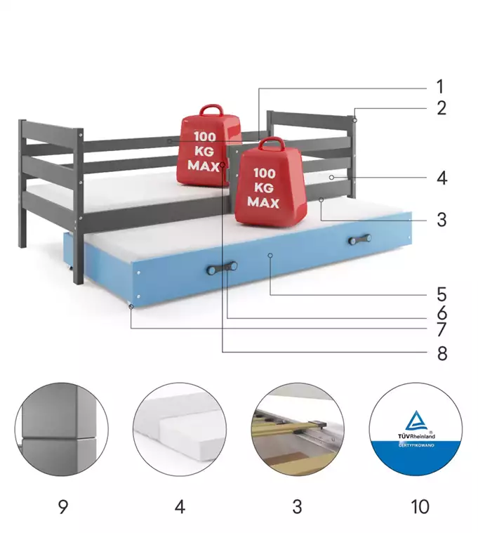 ERYK 90X200 youth folding bed with mattress and drawer, graphite/blue - Image 6