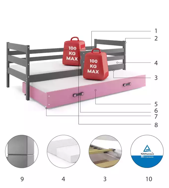 ERYK 90X200 youth folding bed with mattress and drawer, graphite/pink - Image 6