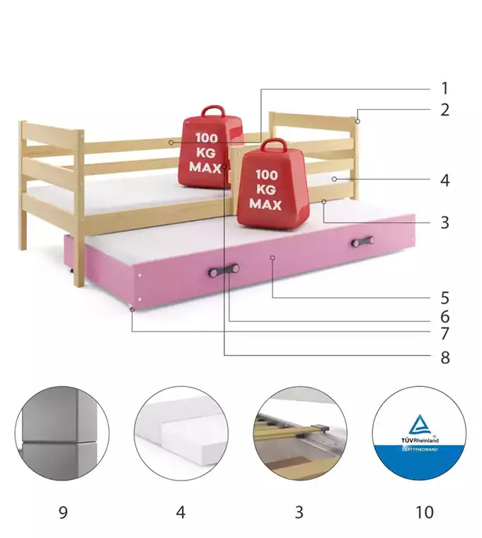 ERYK 90x200 youth pull-out bed with drawer, pine/pink - Image 6