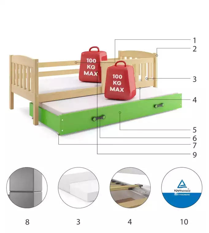 KUBUŚ youth folding bed 80x190 with mattress and drawer, pine/green - Image 6