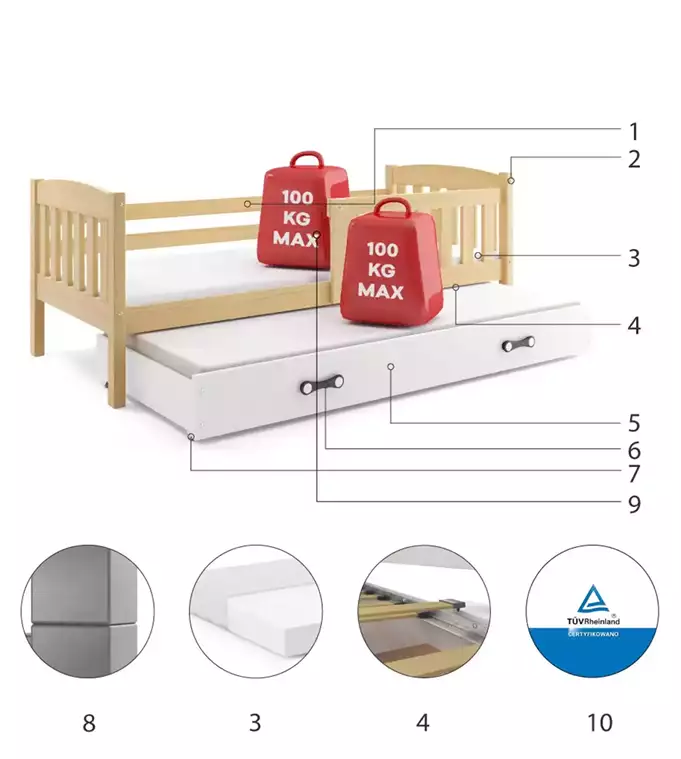 KUBUŚ youth folding bed 80x190 with drawer, pine/white - Image 6