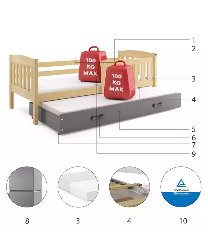 KUBUŚ youth folding bed 80x190 with drawer, pine/graphite - Image 6