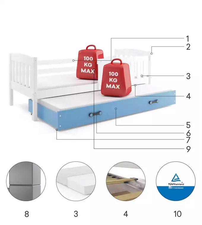 KUBUŚ youth folding bed 90x190 with mattress and drawer, white/blue - Image 6