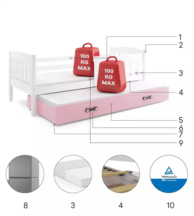 KUBUŚ youth folding bed 90x190 with mattress and drawer, white/pink - Image 6