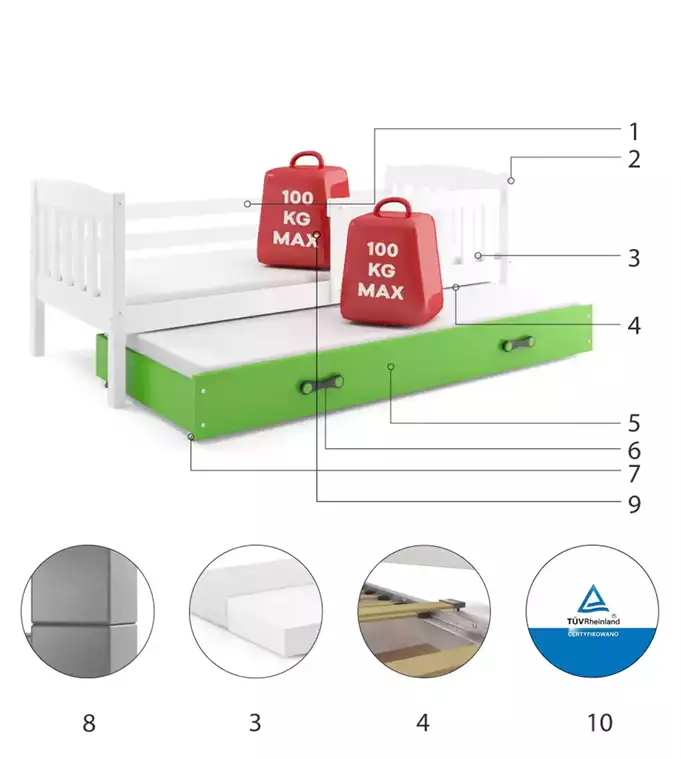 KUBUŚ youth folding bed 90x190 with mattress and drawer, white/green - Image 6