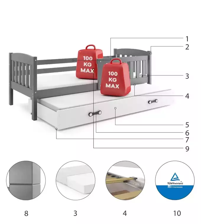 KUBUŚ youth folding bed 90x190 with mattress and drawer, graphite/white - Image 6