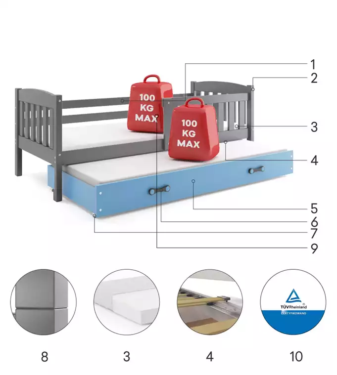 KUBUŚ youth folding bed 90x190 with mattress and drawer, graphite/blue - Image 6