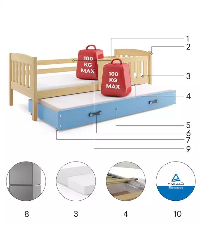 KUBUŚ youth folding bed 90x190 with mattress and drawer, pine/blue - Image 6