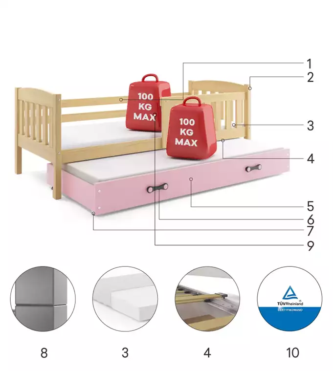 KUBUŚ youth folding bed 90x190 with mattress and drawer, pine/pink - Image 6