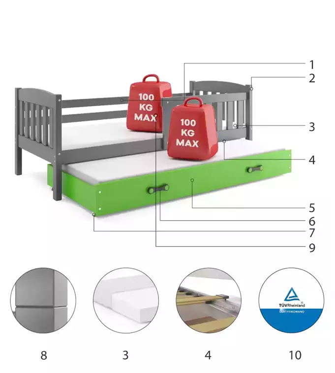 KUBUŚ youth folding bed 90x190 with drawer, graphite/green - Image 6