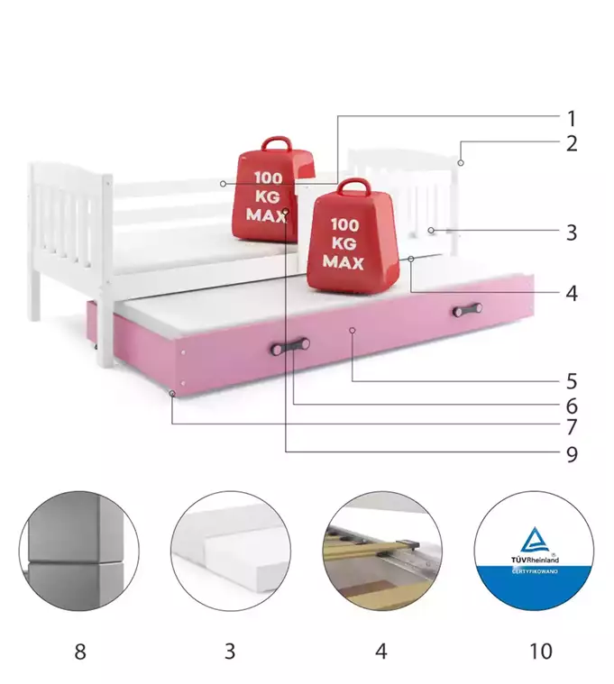 KUBUŚ youth folding bed 90x200 with mattress and drawer, white/pink - Image 6