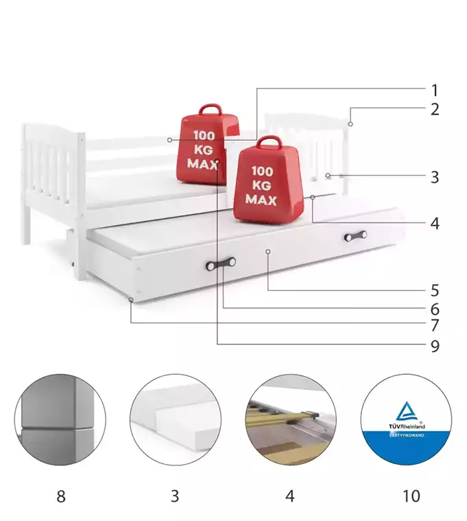 KUBUŚ youth folding bed 90x200 with drawer, white - Image 6