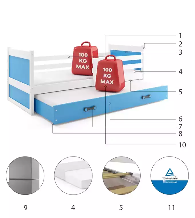 RICO youth folding bed 90x190 with mattress and drawer, white/blue - Image 6
