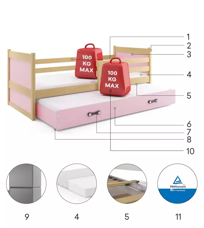 RICO youth folding bed 90x190 with drawer, pine/pink - Image 6