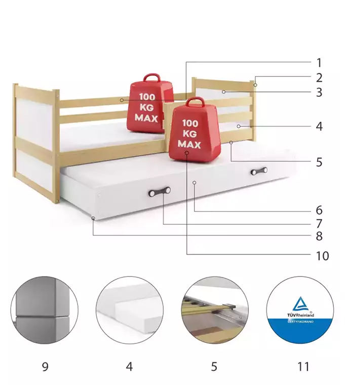 RICO 90x200 youth folding bed with mattress and drawer, pine/white - Image 6