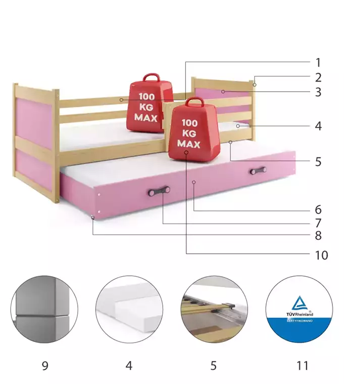 RICO 90x200 youth folding bed with mattress and drawer, pine/pink - Image 6