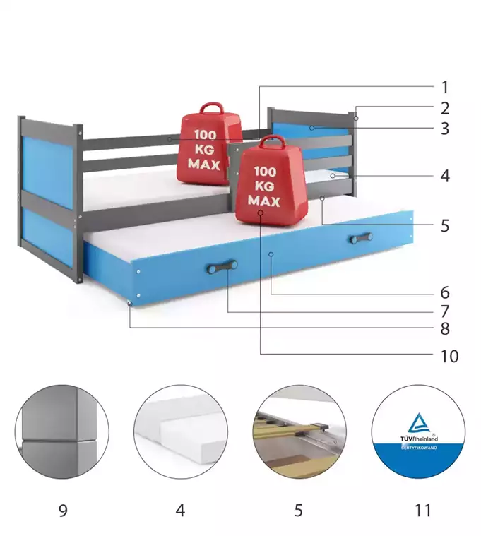 RICO 90X200 youth folding bed with drawer, graphite/blue - Image 6