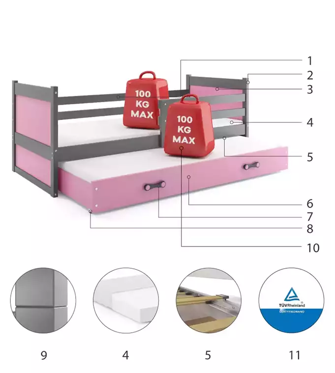 RICO 90x200 youth pull-out bed with drawer, graphite/pink - Image 6