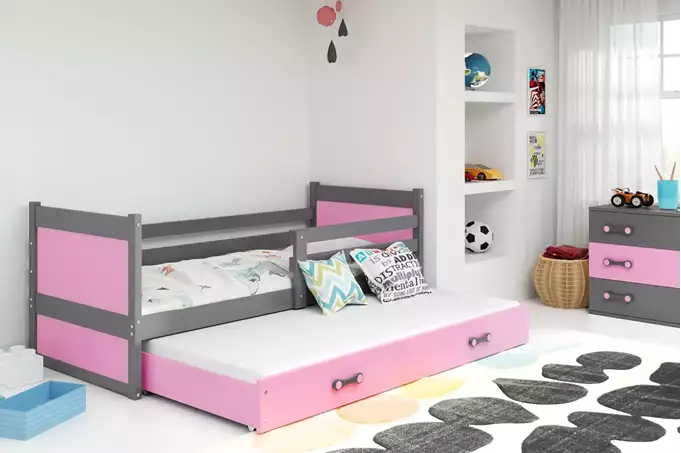RICO 90x200 youth pull-out bed with drawer, graphite/pink - Image 3