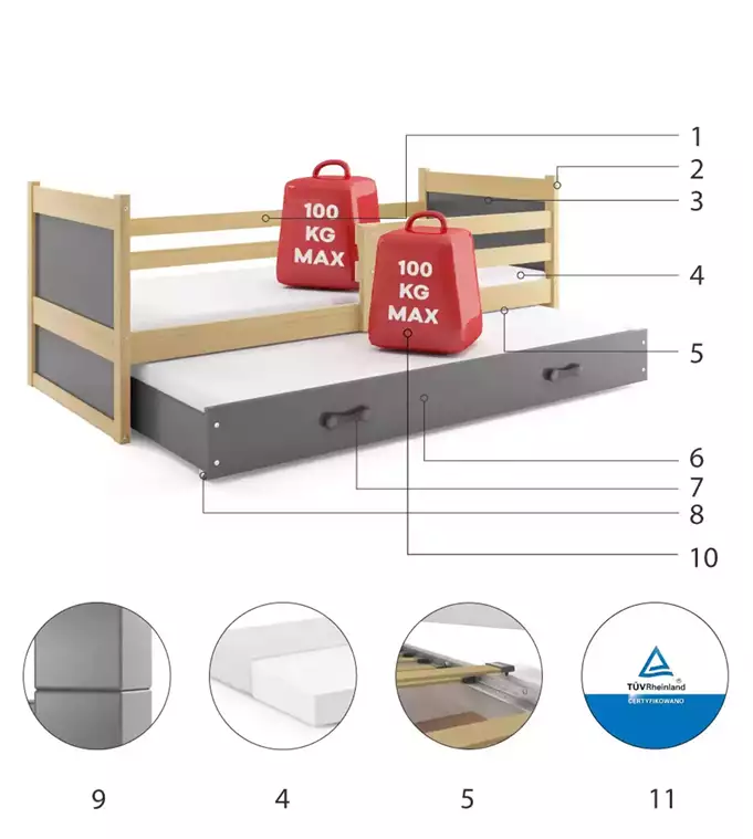 RICO 90x200 youth pull-out bed with drawer, pine/graphite - Image 6