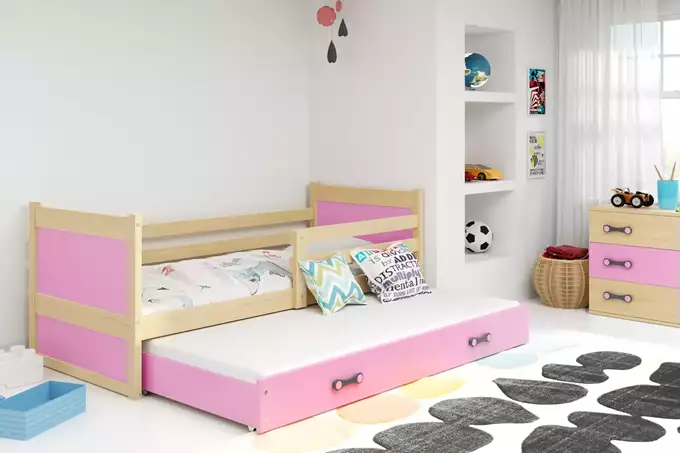 RICO 90x200 youth pull-out bed with drawer, pine/pink - Image 3