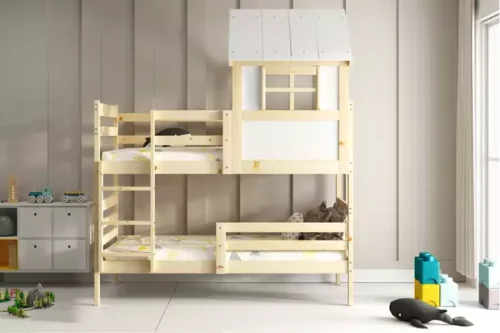 Bunk bed with canopy – “Eryk” made of natural wood 90×190 with mattress