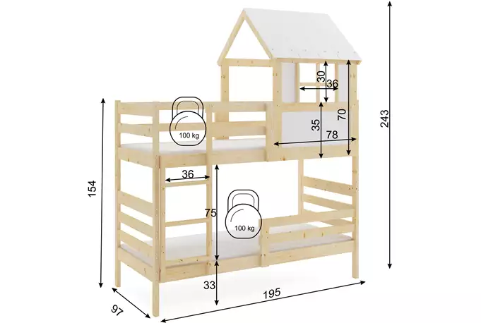 Bunk bed with canopy - "Eryk" made of natural wood 90x190 with mattress - Image 4