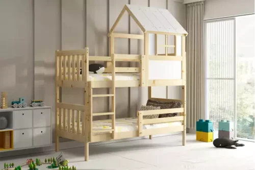 House-shaped bunk bed with canopy – Kacper made of natural wood 90×190