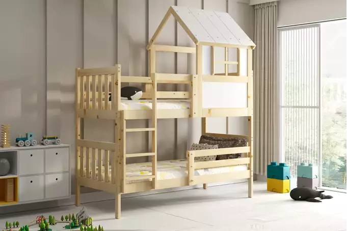 Bunk bed "Cottage" with canopy - "Kacper" made of natural wood 90x190 with mattress