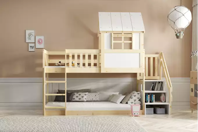 Bunk bed "Cottage" with stairs and roof - mezzanine made of natural wood 90x200 - Image 4
