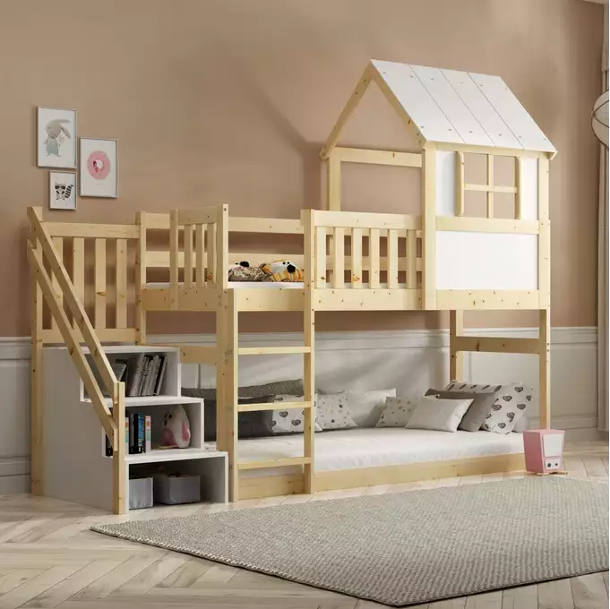 Bunk bed "Cottage" with stairs and roof - mezzanine made of natural wood 90x200 - Image 3