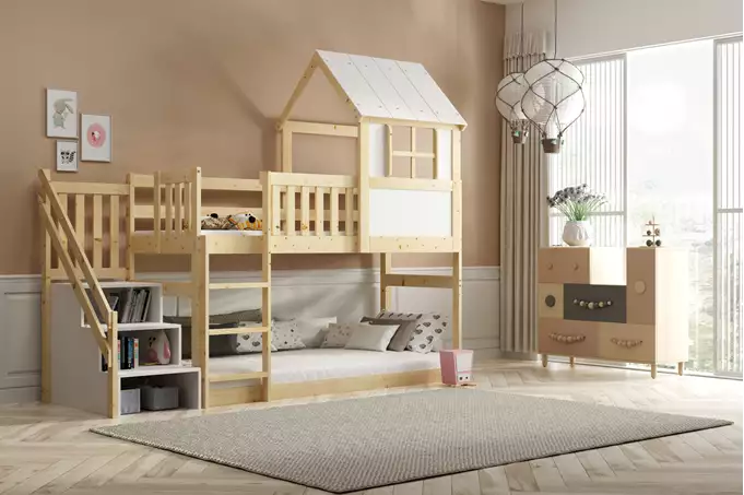 Bunk bed "Cottage" with stairs and roof - mezzanine made of natural wood 90x200 - Image 2