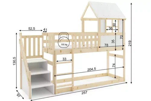 Bunk bed “Cottage” with stairs and roof – mezzanine made of natural wood 90×200 with mattress