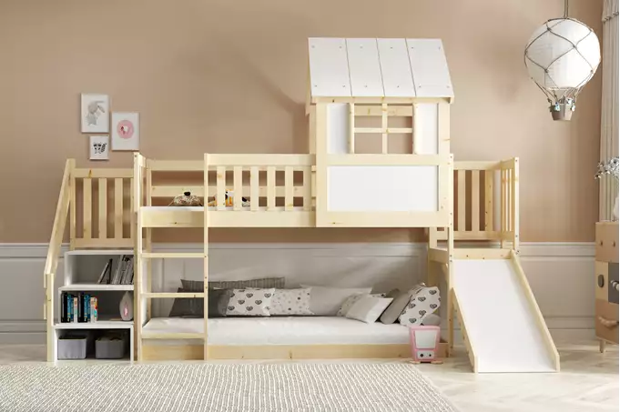 Bunk bed with slide, canopy and stairs - mezzanine made of natural wood 90x200 - Image 4