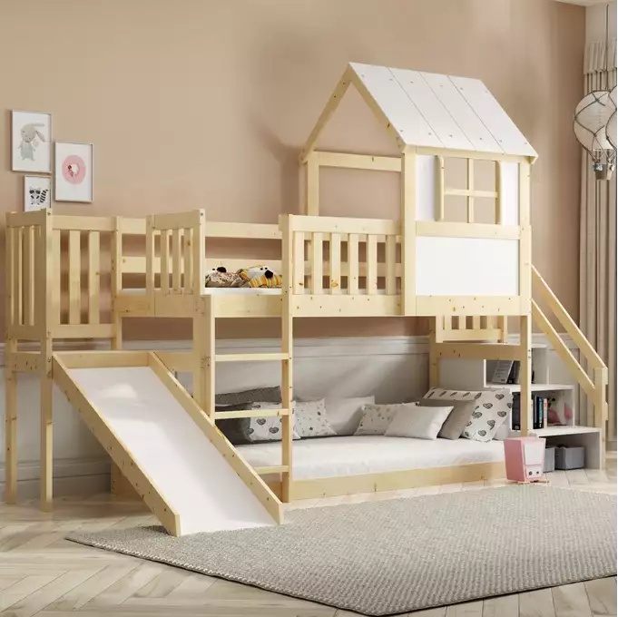Bunk bed with slide, canopy and stairs - mezzanine made of natural wood 90x200 - Image 3