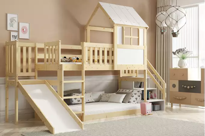 Bunk bed with slide, canopy and stairs - mezzanine made of natural wood 90x200 - Image 2