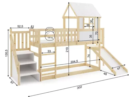 Bunk bed with slide, canopy and stairs – mezzanine made of natural wood 90×200 with mattress