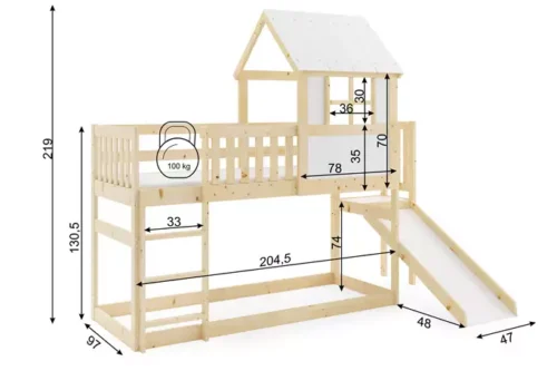 Bunk bed with pull-out bed – mezzanine, natural wood cabin 90×200 with mattress