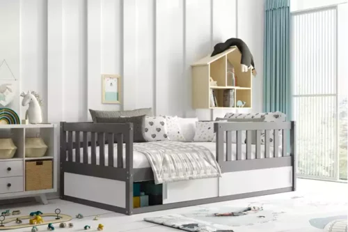 SMART single children’s bed 80×160 with mattress and storage box, graphite color