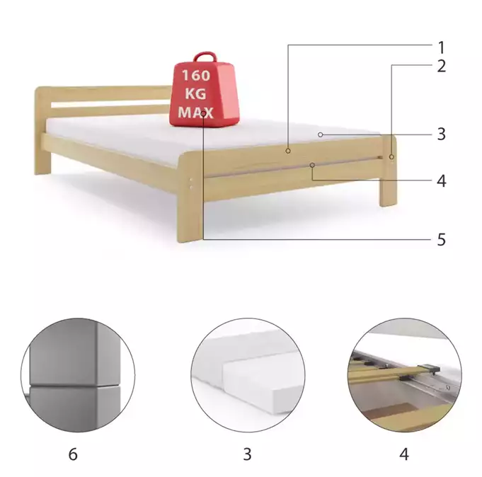 DALLAS bedroom bed 160x200 with mattress, pine - Image 6