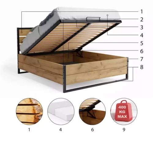 LOFT bedroom bed 160X200 with mattress and storage box, made of oak wood