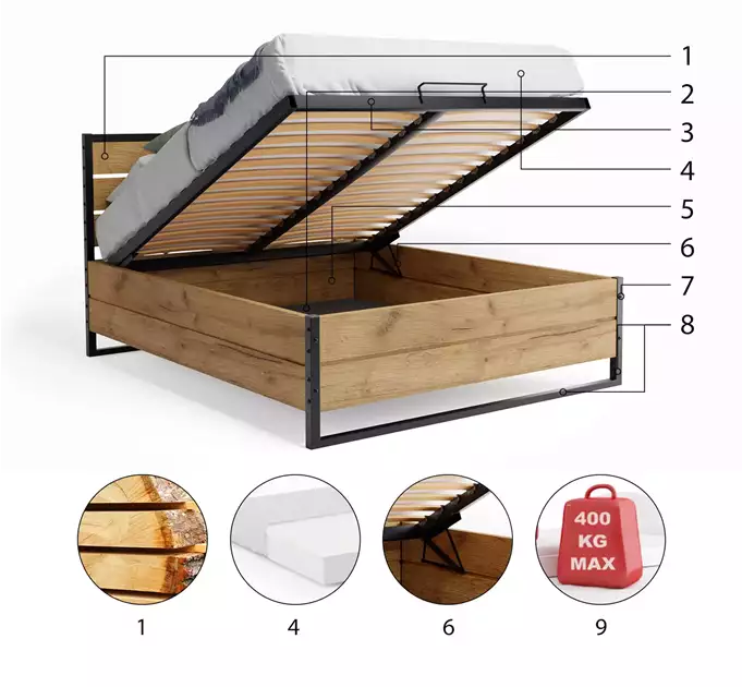 LOFT bedroom bed 160x200 with storage box, made of oak wood