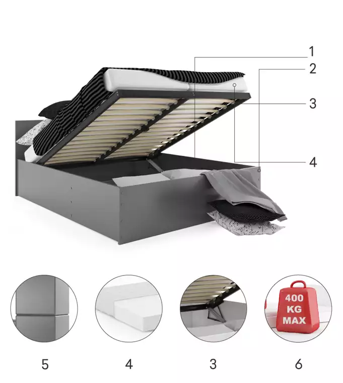 PANAMAX 140X200 bedroom bed with storage box, graphite color - Image 3
